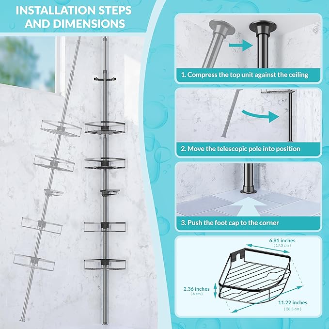 Shower Caddy Tension Pole, 4-Tier Adjustable Corner Shower Standing Caddy, Rustproof Rack for Bathroom Bathtub, with 4 Shelve