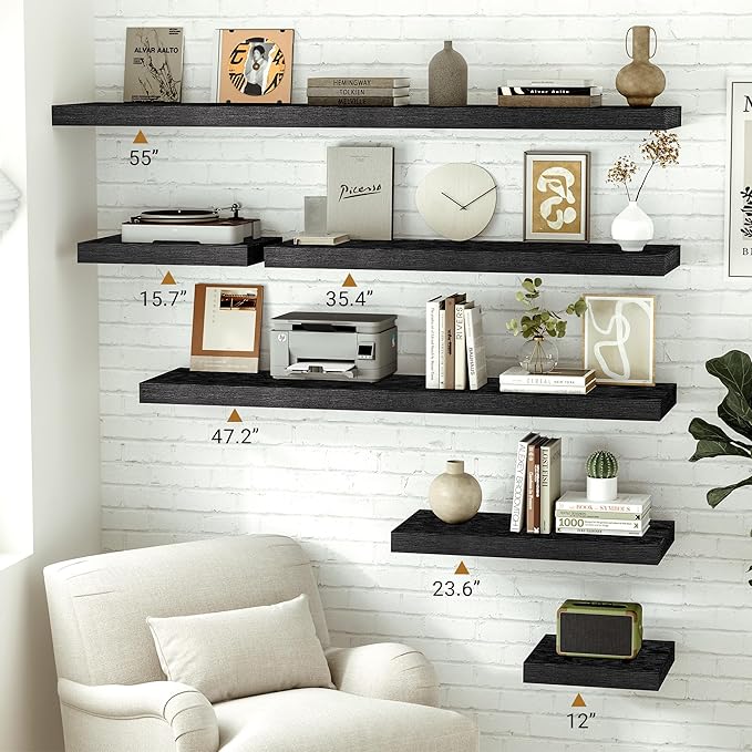Vivelove Black Floating Shelves 16 Inches Wide, 12" Deep Wall Shelves for Bedroom, Bathroom, Living Room, Kitchen, Office, Ru