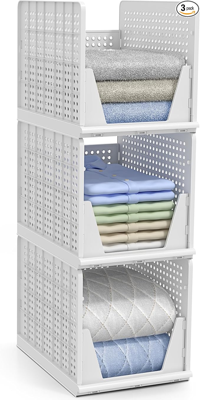 Sorbus Stackable Shelf Organizer Baskets – Plastic Closet Organizer for Clothes, Pantry, Bathroom, Kitchen & Garage – Open Fr