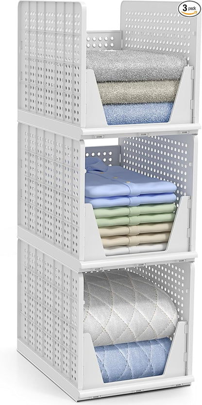 Sorbus Stackable Shelf Organizer Baskets – Plastic Closet Organizer for Clothes, Pantry, Bathroom, Kitchen & Garage – Open Fr