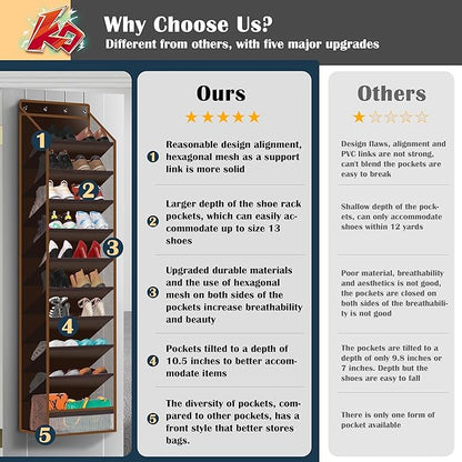 10 - Pocket Over - the - Door Hanging Shoe Organizers & Rack, Made of Sturdy 600D Oxford + Non - Woven Fabric, Space - Saving