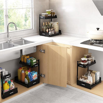 Under Sink Organizer,2 Tier Slide Out Kitchen Cabinet Organizers with Pulley,Under Bathroom Sink Pull Out Organizer with Mult