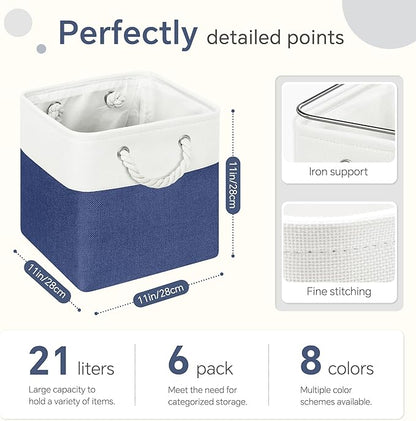 FinishingBo Cube Storage Baskets, 6 Pack 11x11 inch with Cotton Handles for Closet, Shelves, Clothes, Towel (White/Navy Blue)