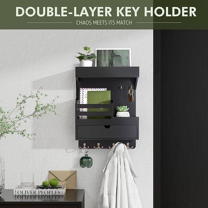 Rebee Vision Modern Key Holder Wall Mount with Drawer Organizer - Pine Wood Mail and Key Organizer with 6 Keys Hooks and Floa