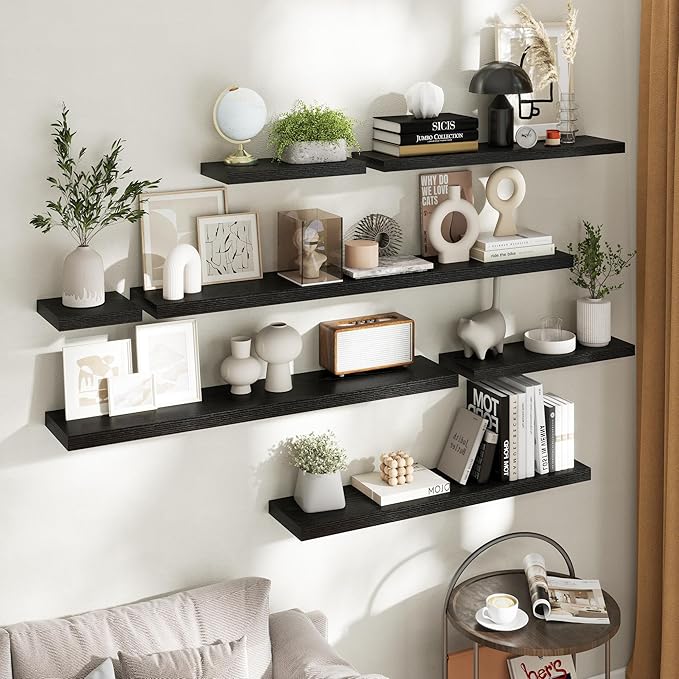 16 Inch Floating Shelves for Wall Set of 2, 8"D Wood Grain Bathroom Shelves with Invisible Brackets, Easy Install Engineered 