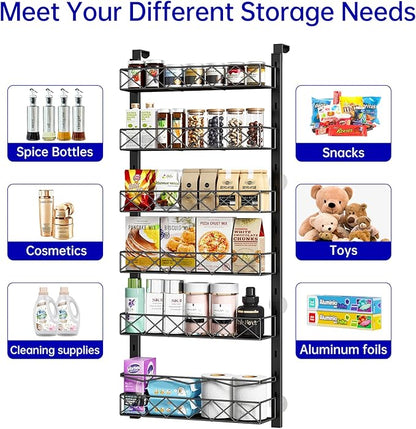 MIAOLI Over the Door Organizer, Black 6-Tier Pantry Door Organizer with Adjustable Basket, Hanging Spice Rack Cabinet Door Sh