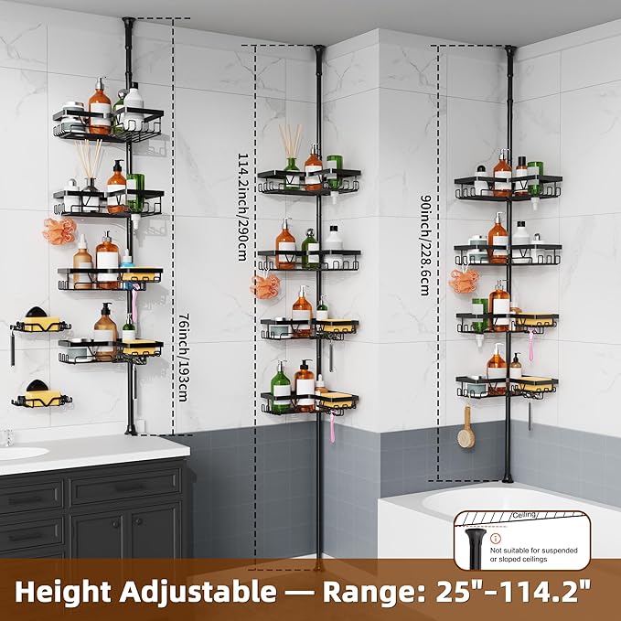 KEGII Shower Caddy Corner Tension Pole with 2 Suction Cup Soap Dishes, Rustproof 4-Tier Adjustable Bathroom Organizer, No-Dri