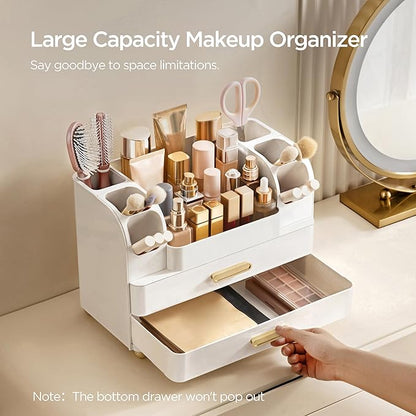 HBlife Makeup Organizer for Vanity with Brush Holder, Large Bathroom Countertop Cosmetic Organizer Skin Care Storage, Easy to
