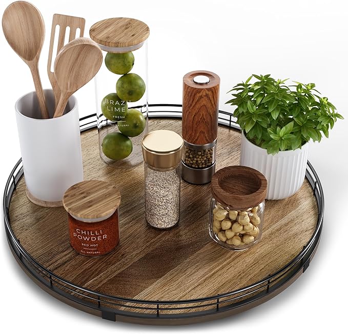 Acacia Wood 16" Lazy Susan Turntable Organizer for Table Top, Farmhouse Large Round Lazy Susan for Cabinet Kitchen Centerpiec