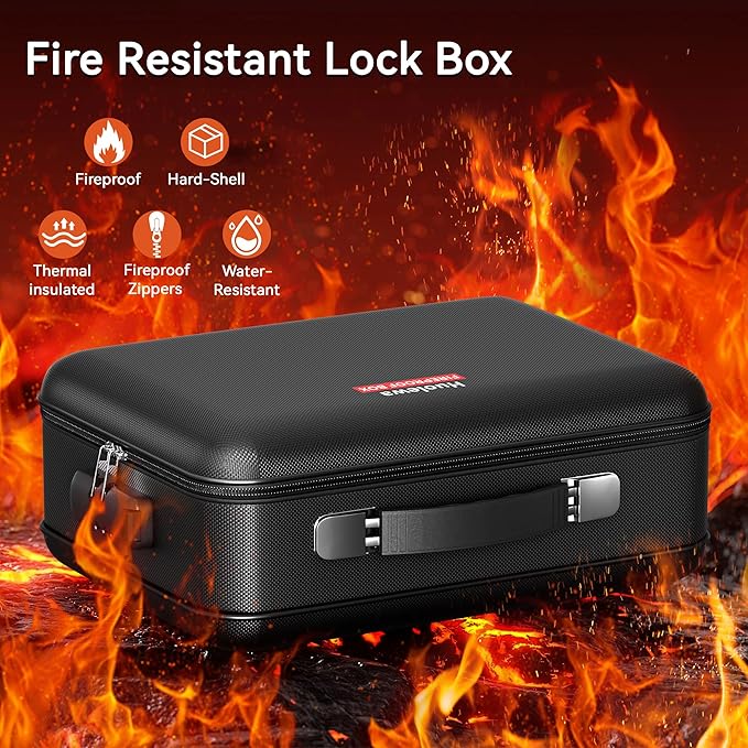 Fireproof Document Box, Hard Case Fireproof Box with Lock, Portable Hard-Shell Fireproof Water Resistant Document Safe for Im