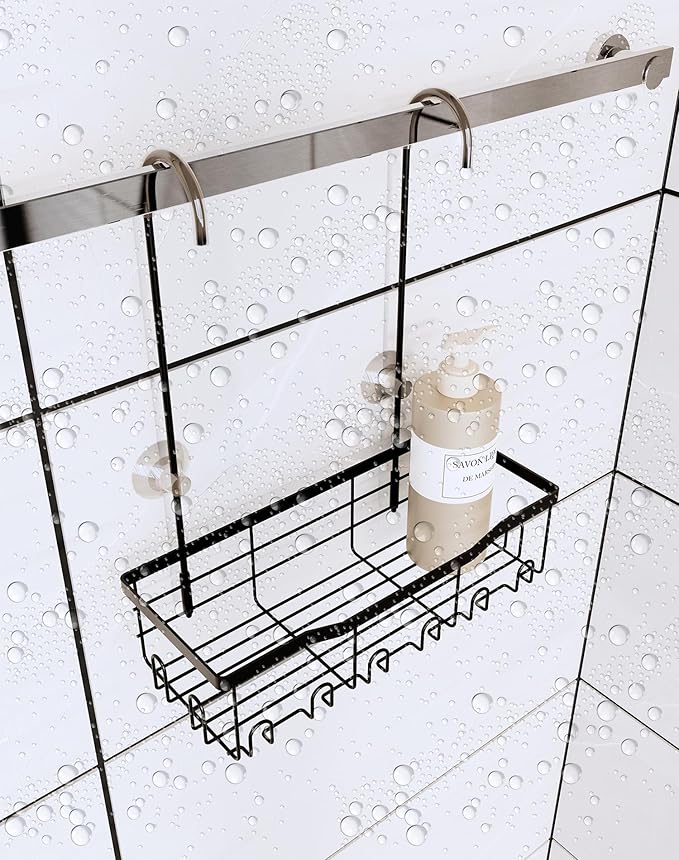 Slizy Hanging Shower Rack, Black Bathroom Storage Rack, Bathroom Door Organizer, Hanging Shower Basket, Shampoo Holder, No Dr