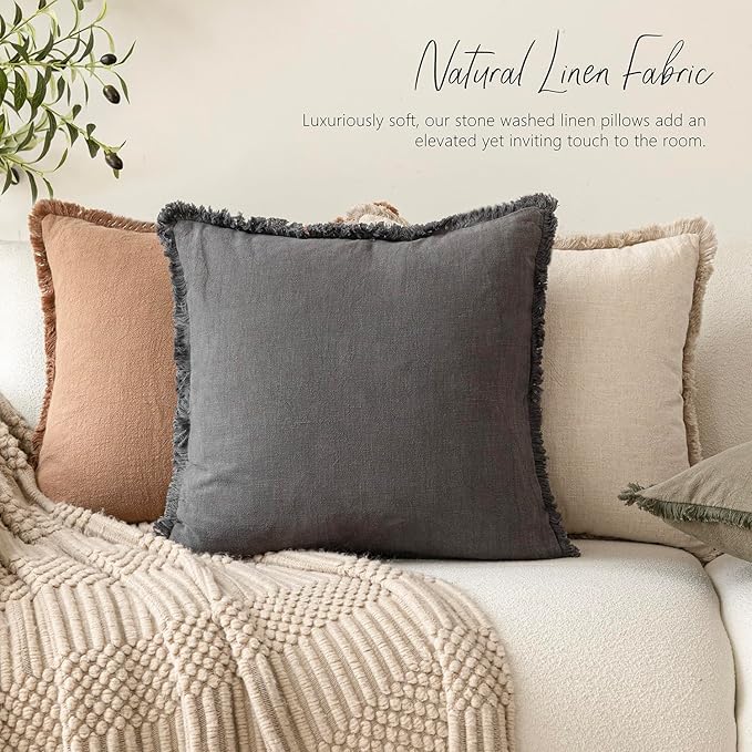 Foindtower Set of 2 Decorative Linen Fringe Lumbar Throw Pillow Covers Boho Farmhouse Cushion Cover with Tassels Soft Accent 