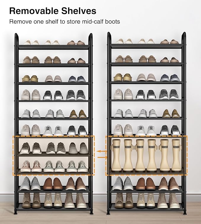 STO STO 10-Tier Shoe Rack with Sturdy Mesh Shelves, Tall Metal Shoe Organizer for Entryway, Closet, Garage, Front Door, Holds