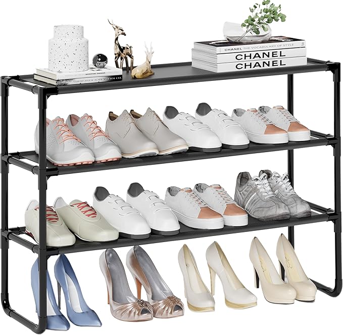 Long Shoe Rack, 3-Tier Stackable Shoe Organizer for Closet, Entryway, Hallway, Extra Bottom Layer, Holds 16-20 Pairs, Sturdy 