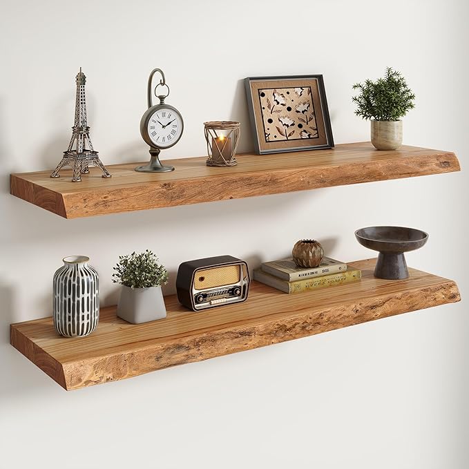 RICHFOCUS Live Edge Elm Floating Shelves - 40" W x 9.3" D Rustic Solid Wood Wall Shelves with Invisible Bracket, Wall-Mounted