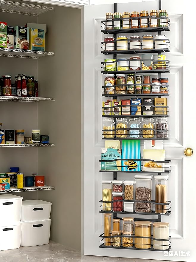 Moforoco 9-Tier Over The Door Pantry Organizer, Pantry Organization and Storage, Black Hanging Basket Wall Spice Rack Seasoni