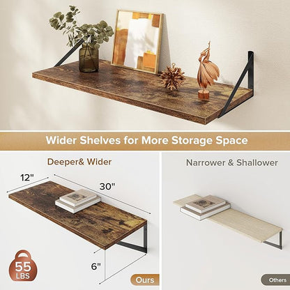 Deep Floating Shelves Wall Mounted, 30"x12" Brown Wood Shelves with Brackets Set of 2 for Bedroom, Living Room, Bathroom, Kit
