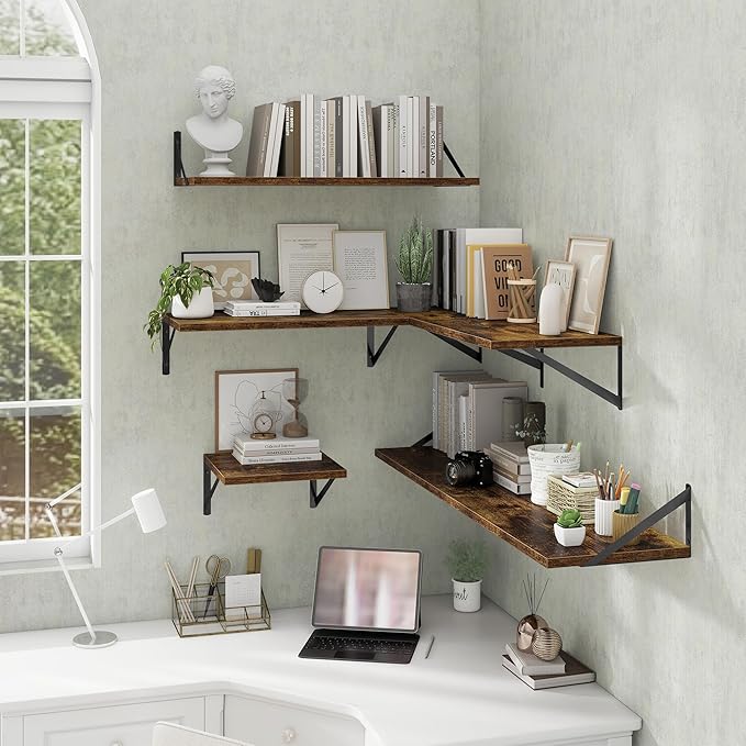 Deep Floating Shelves Wall Mounted, 30"x12" Brown Wood Shelves with Brackets Set of 2 for Bedroom, Living Room, Bathroom, Kit