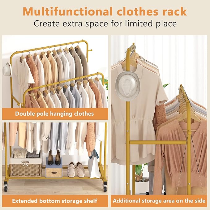 Laiensia Double Rods Garment Rack with Wheels, Clothing Rack for Hanging Clothes,4 Hooks, Multi-functional Bedroom Clothes Ra
