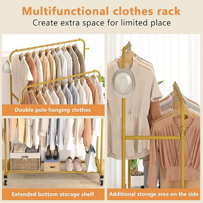 Laiensia Double Rods Garment Rack with Wheels, Clothing Rack for Hanging Clothes,4 Hooks, Multi-functional Bedroom Clothes Ra