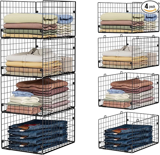 4-Tier Stackable Closet Organizers and Storage Shelves, Foldable Closet Shelf Organizer System, Stackable Storage Bins Drawer