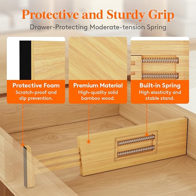 Lifewit 4" High 8 Pack Bamboo Drawer Dividers 31-40cm/12-16 Adjustable Wooden Drawer Organizer for Clothes/Utensils, Expandab