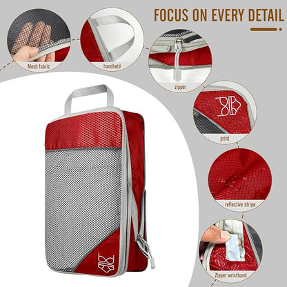 9-Set Packing Cubes with Hanging Bag | 9-Size Combination, Mesh Fabric & Reflective Stripe | Travel Luggage Organizers (Red)