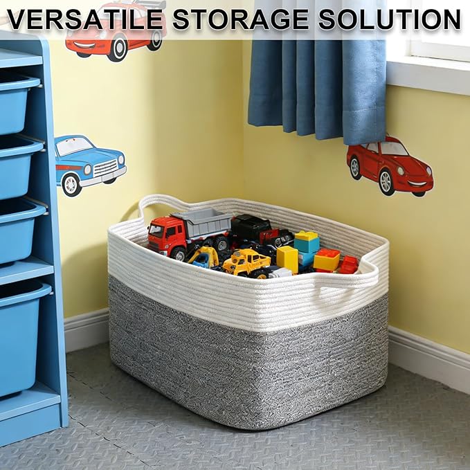 96L Large Blanket Basket,24"x16"x15"Rectangle Storage Bin with Handles,Woven Rope Laundry Basket for Toys, Clothes,Magazines,