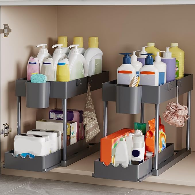 2 Pack Under Sink Organizers and Storage, 2-Tier Sliding Cabinet Organizer Drawer for Bathroom and Kitchen – Multi-Purpose Ca