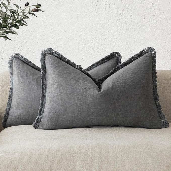 Foindtower Set of 2 Decorative Linen Fringe Lumbar Throw Pillow Covers Boho Farmhouse Cushion Cover with Tassels Soft Accent 