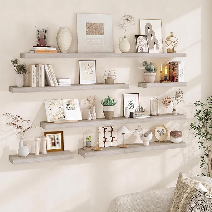 Fun Memories Floating Shelves for Wall, 48Inch Long Floating Shelves Set of 2, Hanging Shelf with Invisible Brackets, Wood Sh
