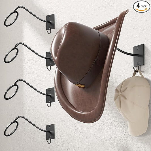 Cinati Cowboy Hat Rack for Wall 4 Pack, Cowboy Hat Holder Wall Mount, Western Rustic Metal Hats Hanger Hooks Organizer for Fe