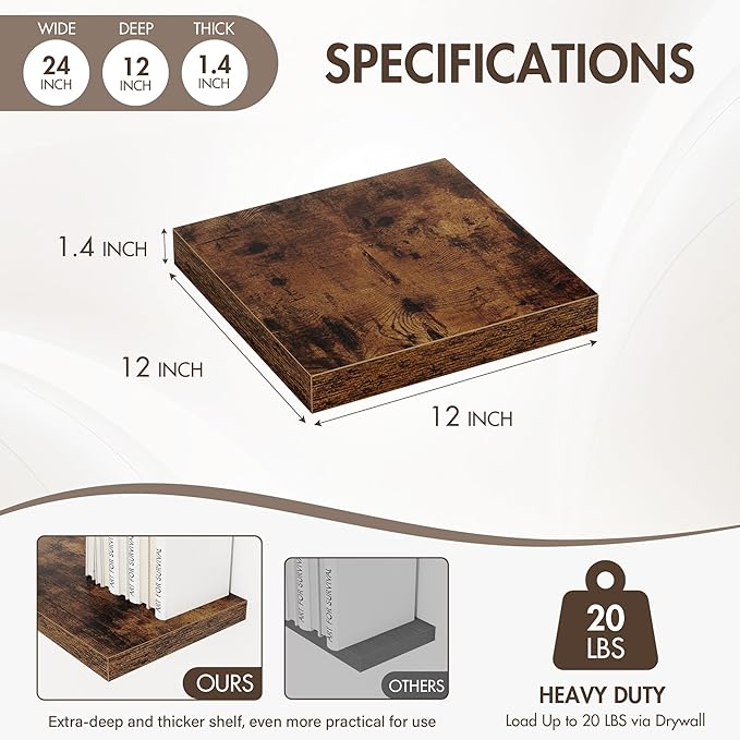 12 Inch Floating Shelves, 12" Deep Floating Shelf Wall Mounted, 12" Wall Shelves, Rustic Deep Bookshelf, Extra Deeper Display