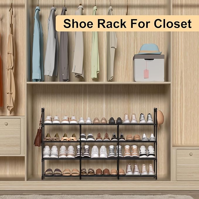 3 Row 4 Tier Long Shoe Rack, Black Metal Stackable Shoe Shelf with Multifunctional Hooks, Shoe Storage Hold 24-30 Pairs, Spac