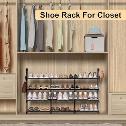 3 Row 4 Tier Long Shoe Rack, Black Metal Stackable Shoe Shelf with Multifunctional Hooks, Shoe Storage Hold 24-30 Pairs, Spac