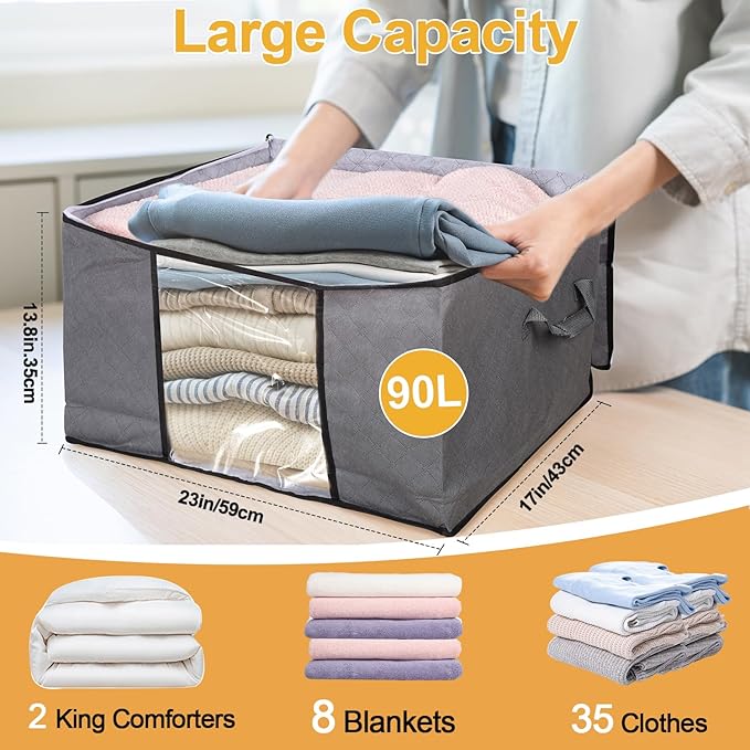 10 Pack Clothes Storage Bags, 90L Large Blanket Storage Bag Comforter Storage Bin with Reinforced Handle and Lid Foldable Clo