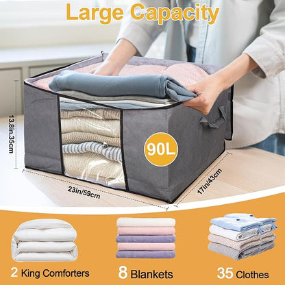 10 Pack Clothes Storage Bags, 90L Large Blanket Storage Bag Comforter Storage Bin with Reinforced Handle and Lid Foldable Clo