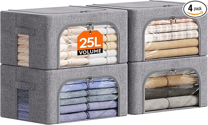 Lifewit Clothes Storage Bins with Metal Frame, Stackable Storage Box, Foldable Clothing Storage Bins with Lids, 25L Storage B