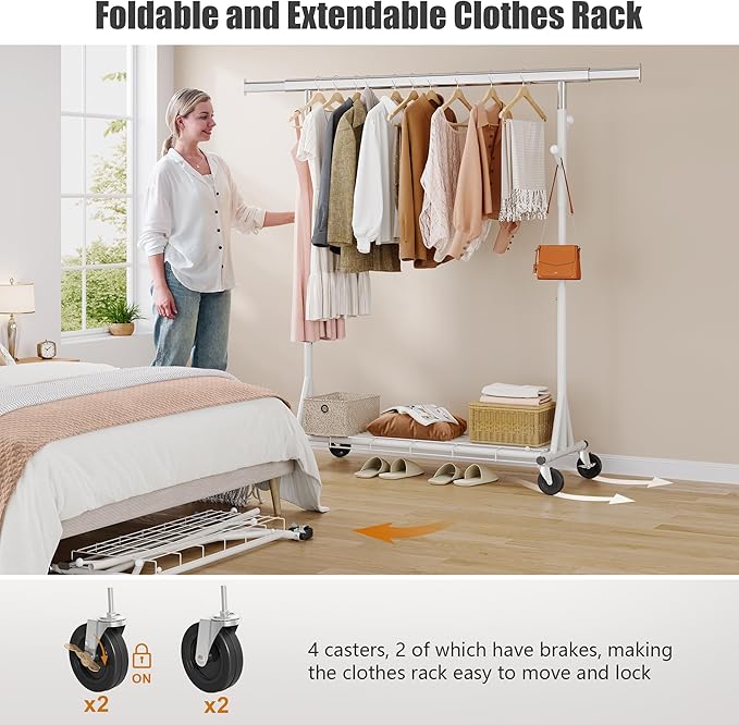Gewudraw Heavy Duty Clothes Rack, 530 lbs Load Capacity Metal Garment Rack on Wheels - Collapsible Adjustable Portable Storag
