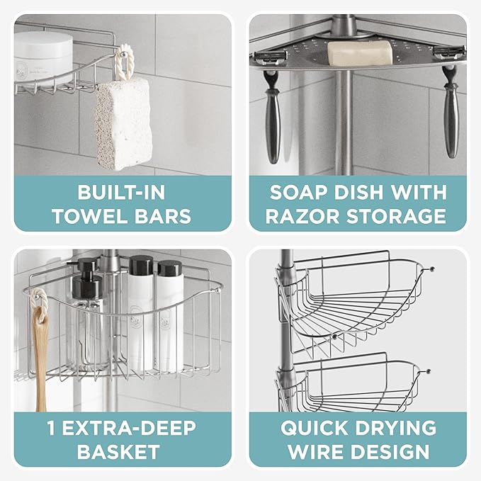 Zenna Home Tension Pole Shower Caddy Corner Organizer, Adjustable Standing Shower Caddy with 3 Shelves and Soap Tray, Rust Re