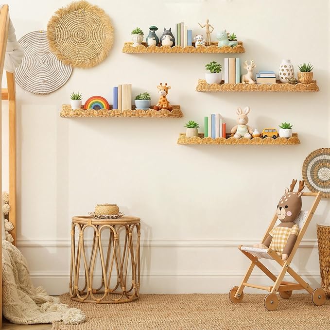 Pinkunn 4 Pcs Nursery Book Shelves 35.4 Inch Rattan Scalloped Floating Bookshelves Wicker Boho Book Shelf for Wall Mounted De