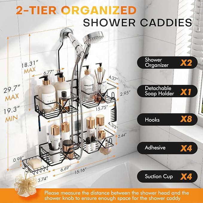 Adjustable Height Shower Caddy Hanging for Handheld Shower Heads, Shower Racks with Soap Holder 8 Hooks, No-Drilling, Anti-Sw