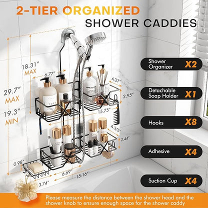 Adjustable Height Shower Caddy Hanging for Handheld Shower Heads, Shower Racks with Soap Holder 8 Hooks, No-Drilling, Anti-Sw