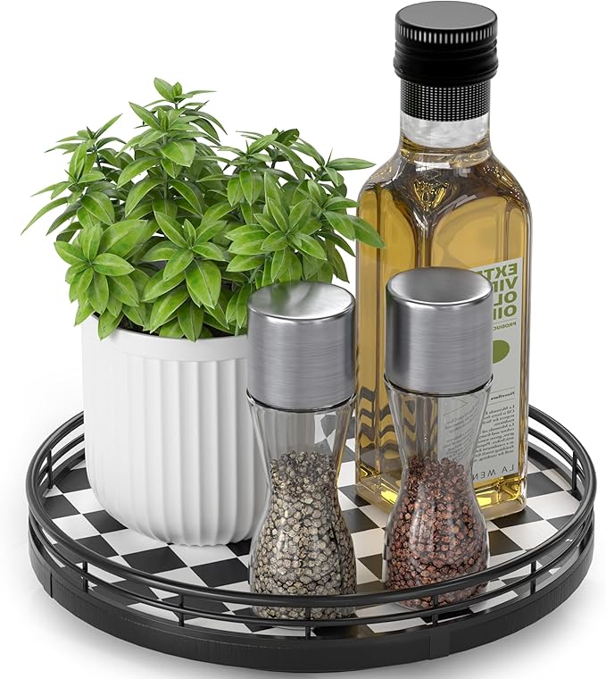 Black and White Kitchen Lazy Susan Turntable – Checkered Round Decorative Tray, 9" Table Top Oak Wood Lazy Susan for Cookies,