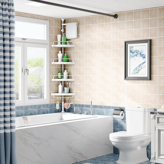 Corner Shower Caddy Tension Pole: Rust Proof 4Tier Shampoo Storage Organizer for Inside Shower - Telescoping Rod Shower Rack 