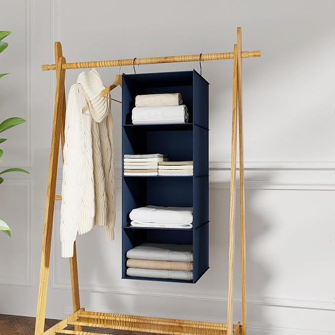 Hanging Closet Organizer - 4-Shelf, Easy Mount Foldable Wardrobe Storage Shelves for Clothes, Handbags, Shoes & Accessories -