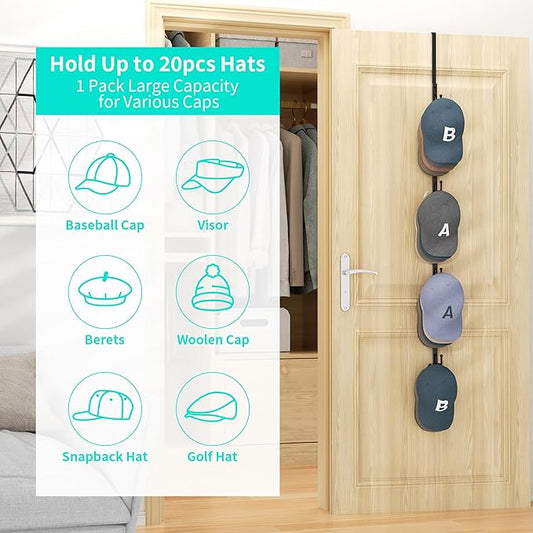 HapiRm Over Door Hat Rack - Hat Organizer with 4 Hooks Design, Hanging Baseball Cap Organizer Storage Holds Up to 20 Caps for