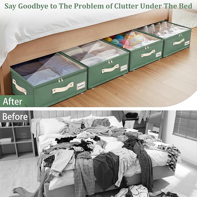 Dolicer 4 Pack Under Bed Storage with Wheels, 6in-10in Height Adjustable Underbed Storage Containers, 92L XXXL Under Bed Draw