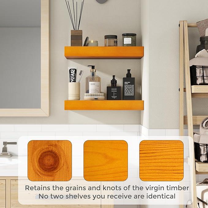 Marsmiles 24 Inch Wood Floating Shelves | Rustic Honey Oak Wall Shelves Set of 2 | 24" W x 7.7" D x 1.6" H Wooden Shelves for
