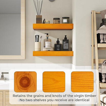 Marsmiles 24 Inch Wood Floating Shelves | Rustic Honey Oak Wall Shelves Set of 2 | 24" W x 7.7" D x 1.6" H Wooden Shelves for